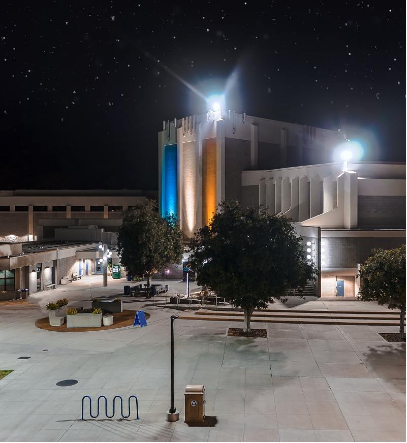 An aerial shot of Citrus College's HPAC at night.