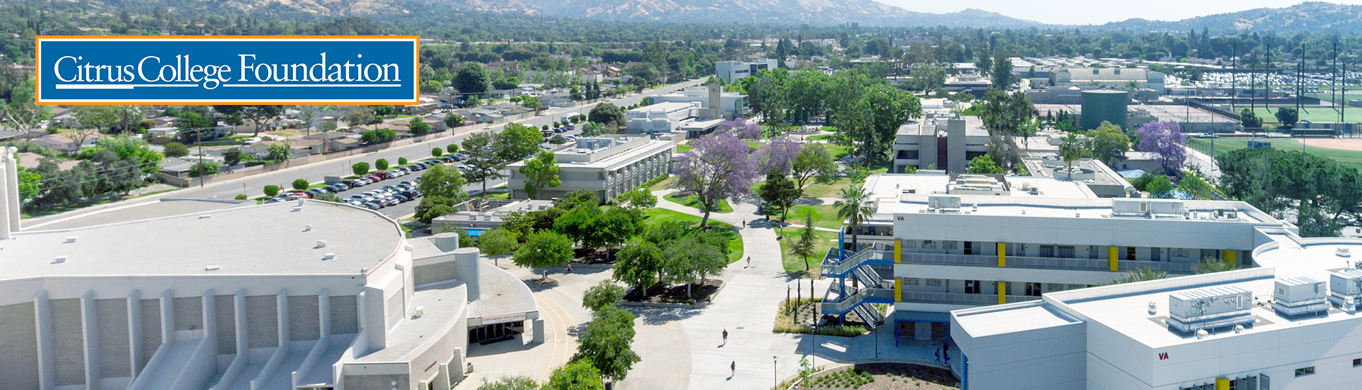 aerial shot of the Citrus College campus facing east with the Citrus College Foundation logo