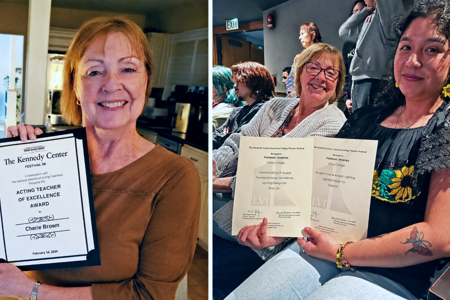 two side-by-side photos of a theater arts instructor and student hold certificates recognizing teaching and theatrical design excellence awards