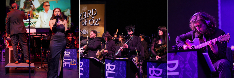 a vocalist, student musicians and guitarist perform with the Blue Note Swing Orchestra on stage under colorful lighting