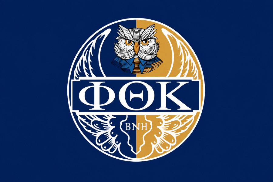 phi theta kappa beta nu eta emblem featuring an owl greek letters and a navy blue and gold crest design