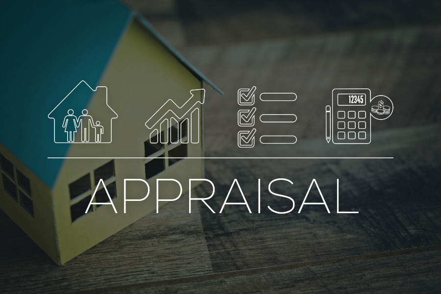 paper model house with white appraisal icons and the word appraisal over a darkened wood background