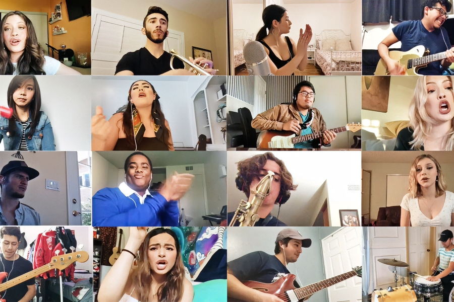 citrus college student performers sing play instruments and clap in a virtual music performance collage