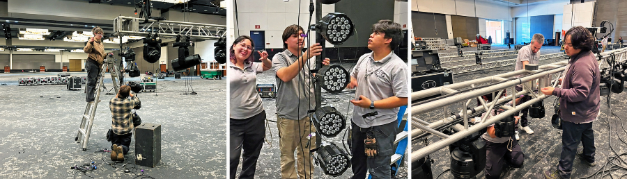 student lighting crew prepping event hall setup