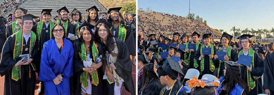 graduates in caps and gowns pose with a college leader and hold diploma covers during commencement on the stadium track