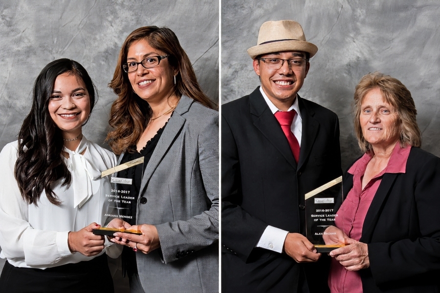2017 service leaders of the year adriana mendez and alex bazaar pictured with their faculty mentors