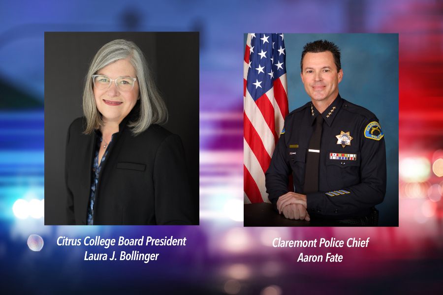portraits of citrus college board president laura j. bollinger and claremont police chief aaron fate against a blurred background of police lights