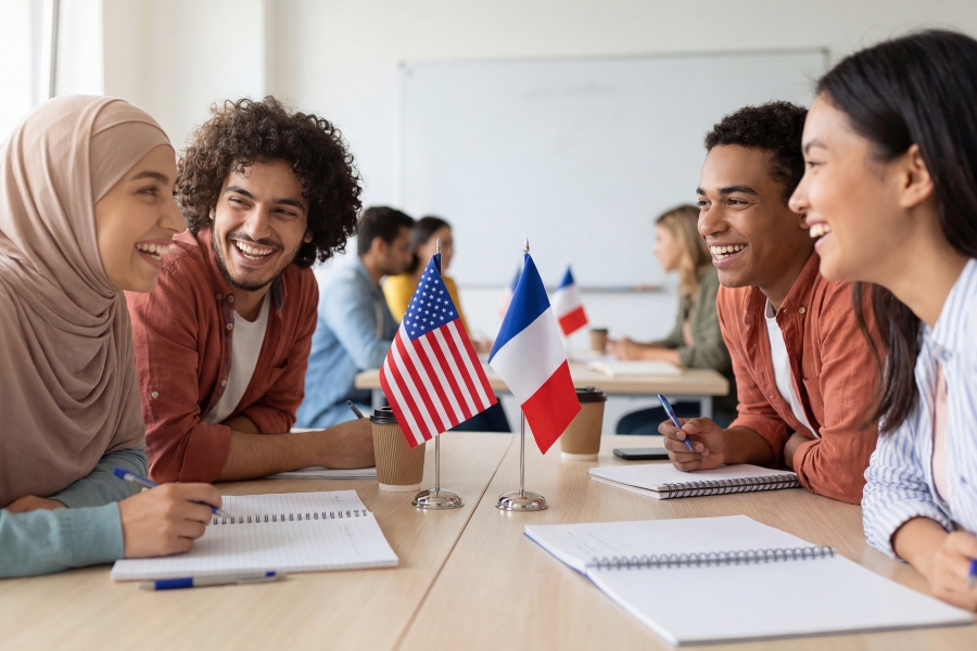 diverse college students talk and smile around a classroom table with notebooks and small united states and french flags between them