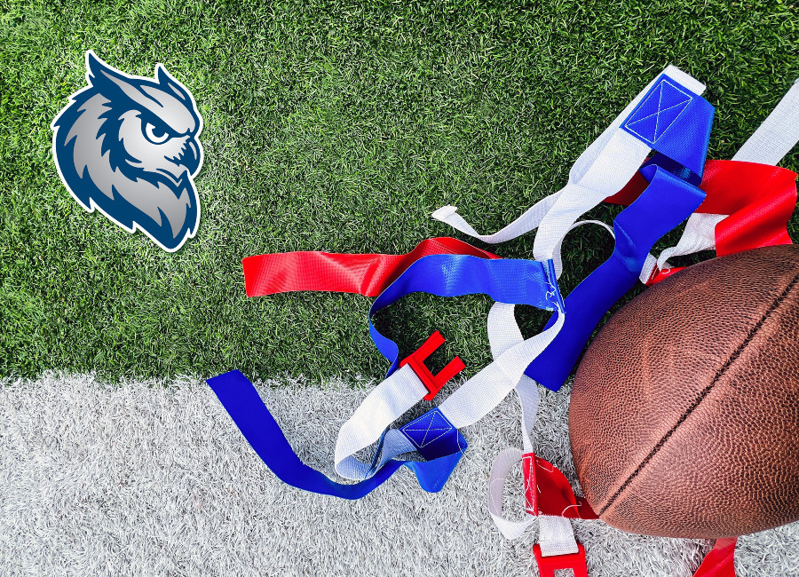 Football resting on a field beside red, white and blue flag football belts, with the Citrus Owls logo displayed in the upper left corner.