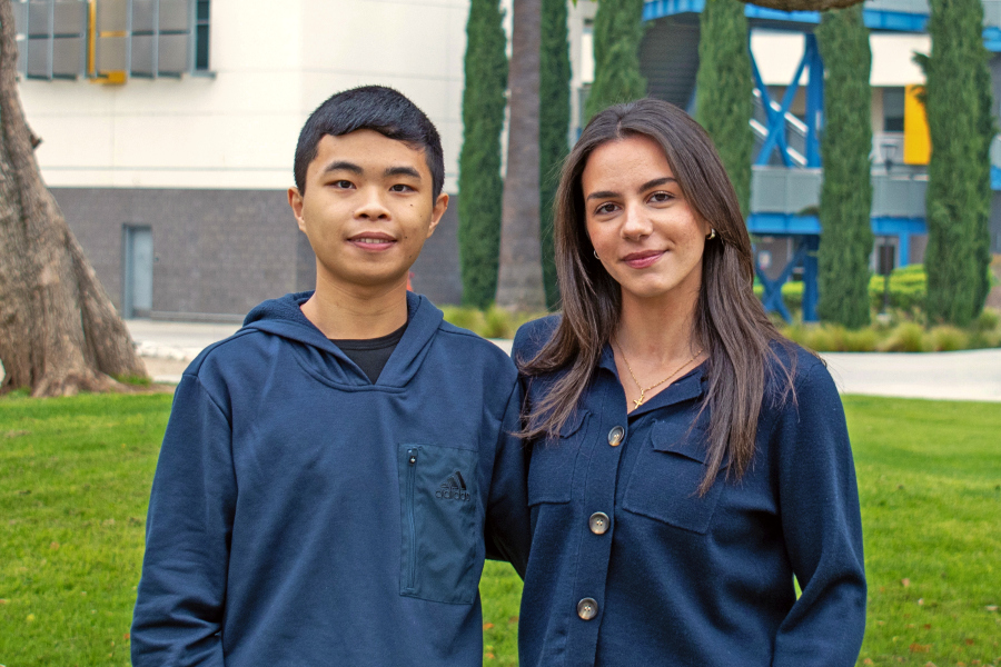 celine ama and jiajie yang pose together on the citrus college campus after being named cooke scholarship semifinalists