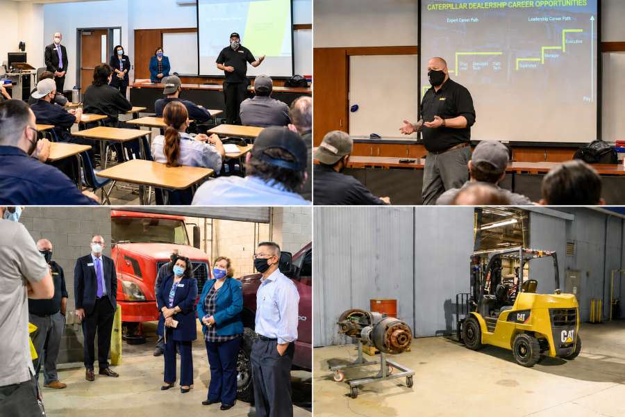 four-photo collage showing caterpillar representatives speaking with students in a classroom, college staff touring a truck technology lab and a cat forklift inside a shop area