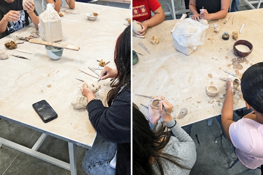 montclair high school students shape and decorate clay whistles at worktables during a hands-on ceramics lesson at citrus college