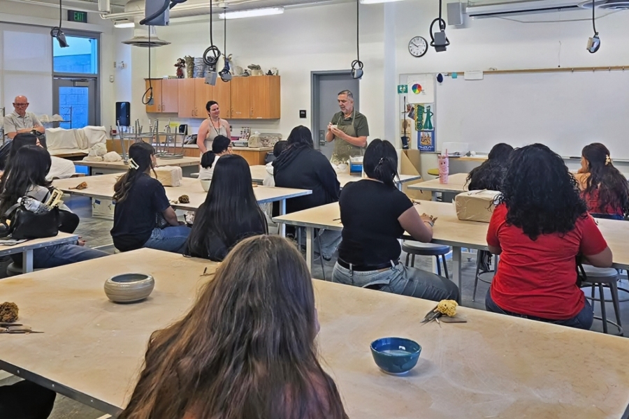 ceramics instructor michael hillman demonstrates a clay project for montclair high school students inside the citrus college ceramics studio