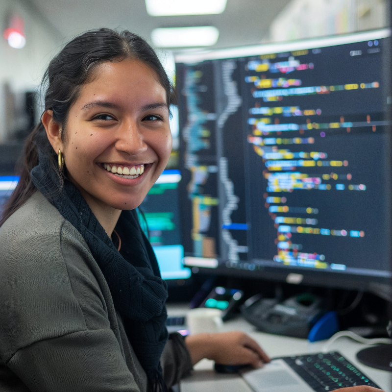 smiling 20-something female sitting at two monitors, both showing programming language