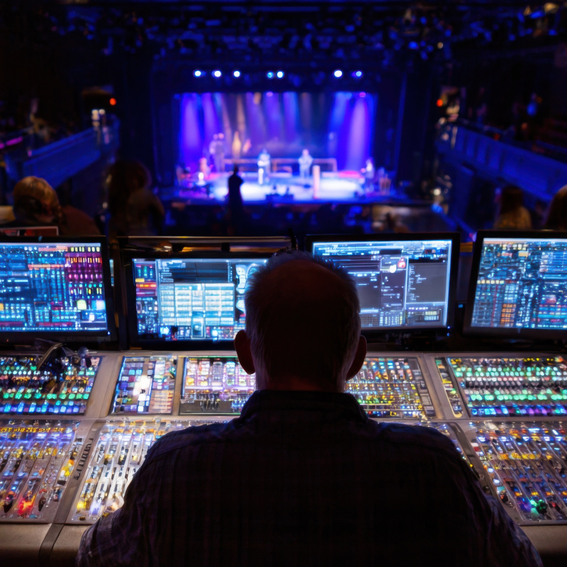 soundboard and lightboard operator in a theater looking toward a stage with performers