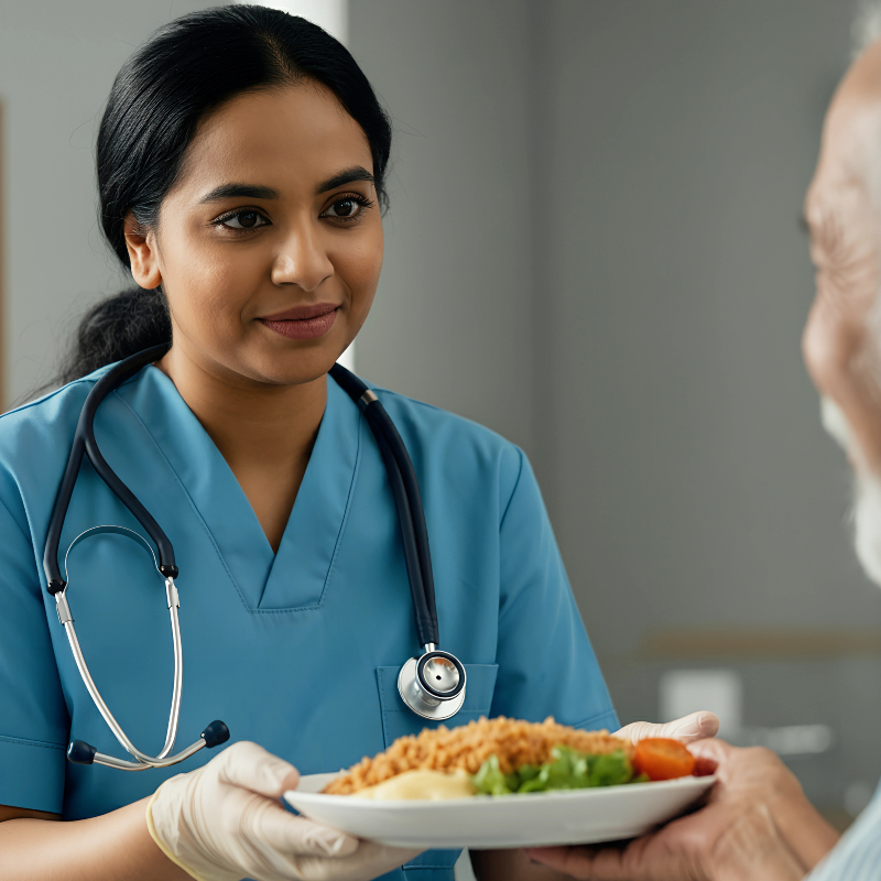 home health aide presenting a meal to an elderly patient
