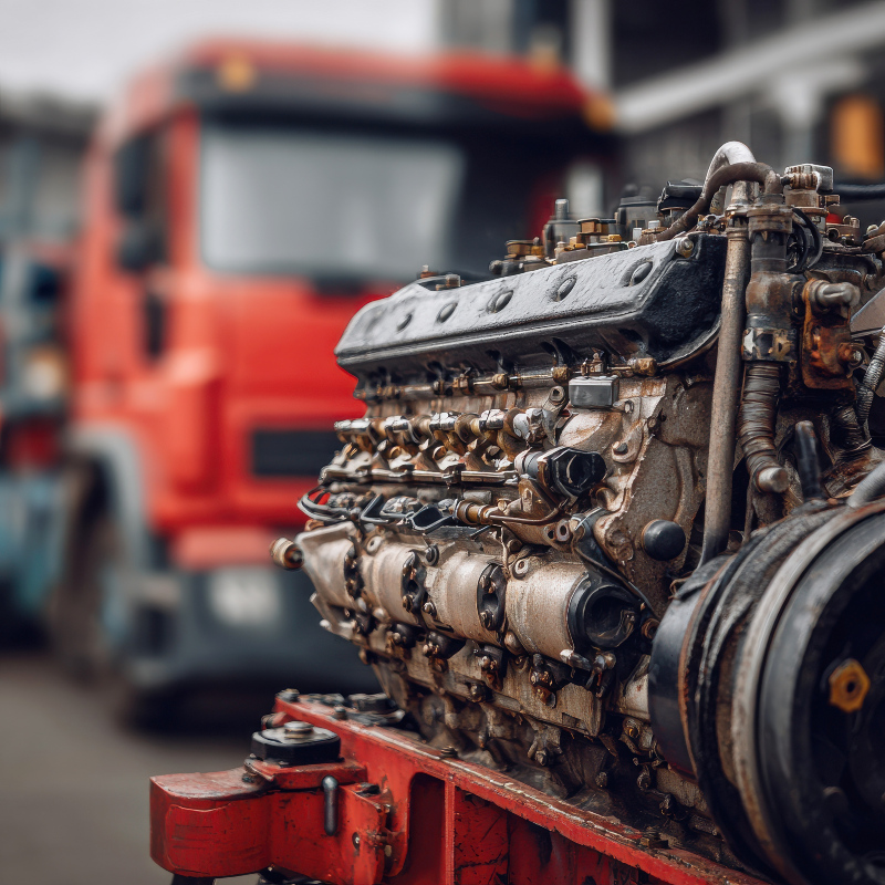 a disassembled truck engine in repair service