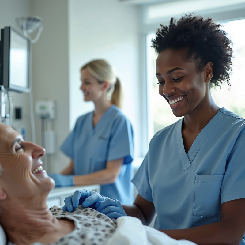 a nurse assistant in a hospital making a patient comfortable