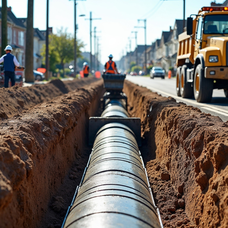 public works crew installs sewage pipes on a busy community street