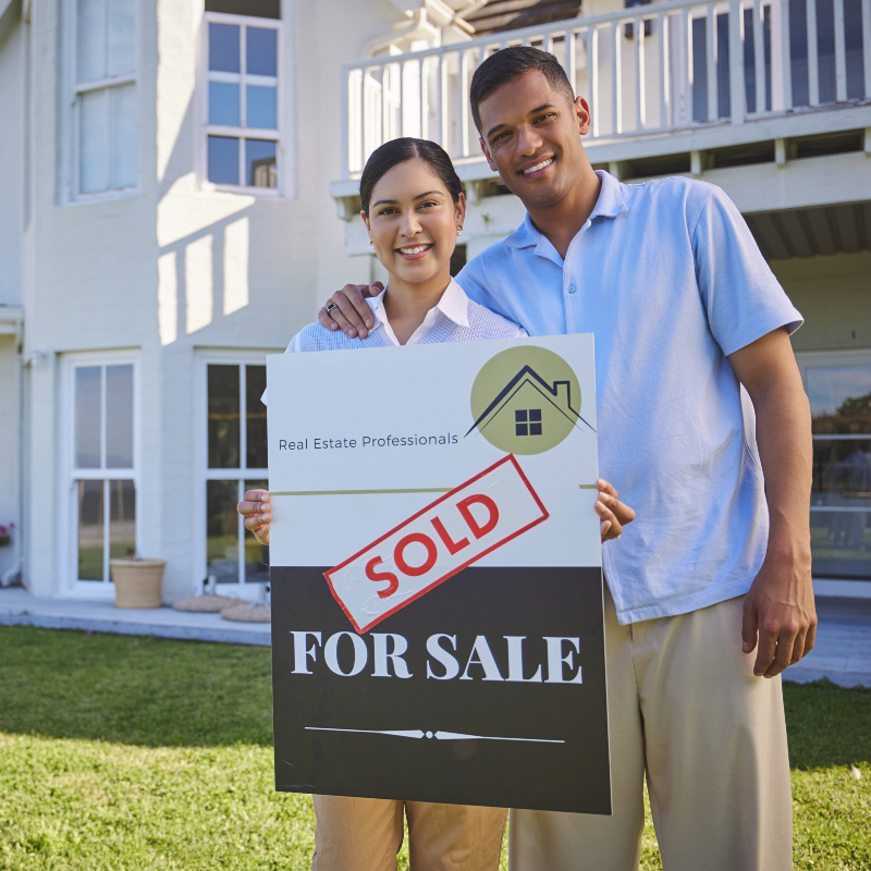 young couple standing in front of home they purchased holding a real estate sign marked sold