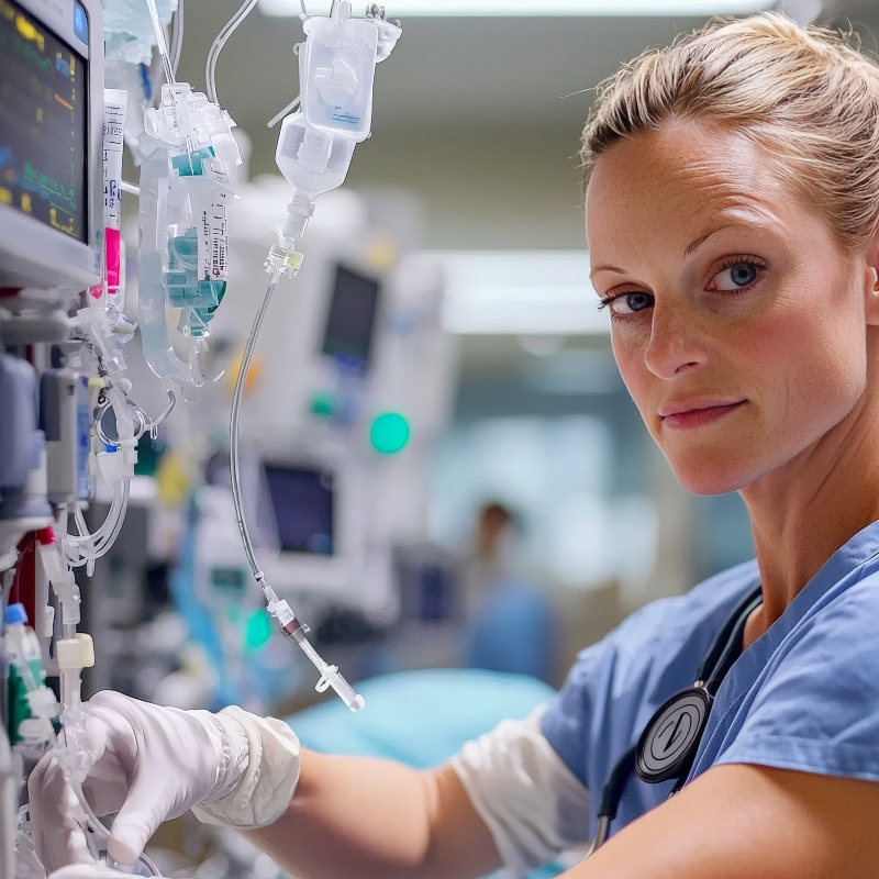 registered nurse in operating room next to medical IV bags and drips