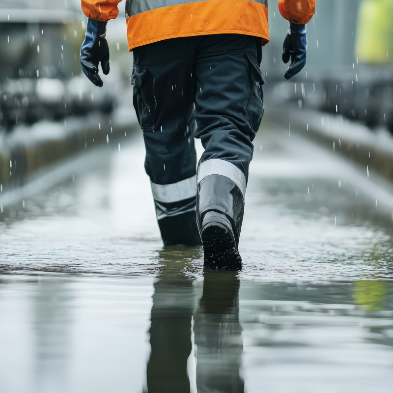 Engineer in a hard hat and reflective vest walking in water oversees a network of pipes and tanks inside a water treatment facility