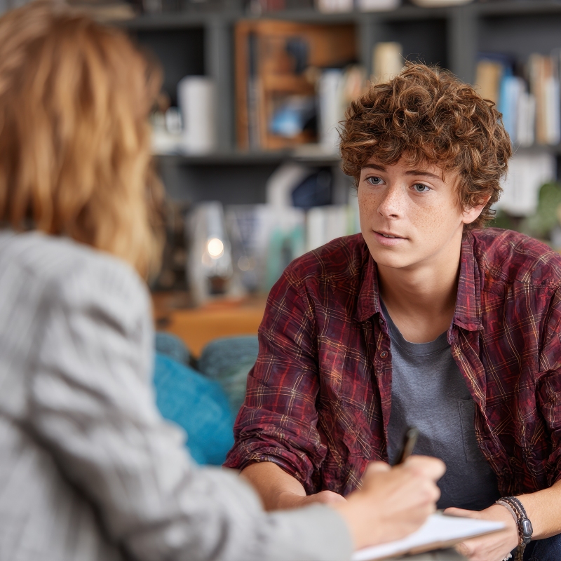 student meeting with a counselor and discussing notes during an academic advising appointment in a campus office setting