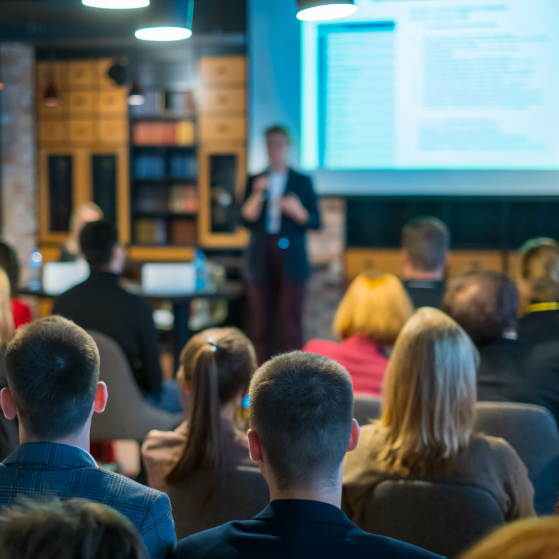 individual leading a training session in front of a group of business people