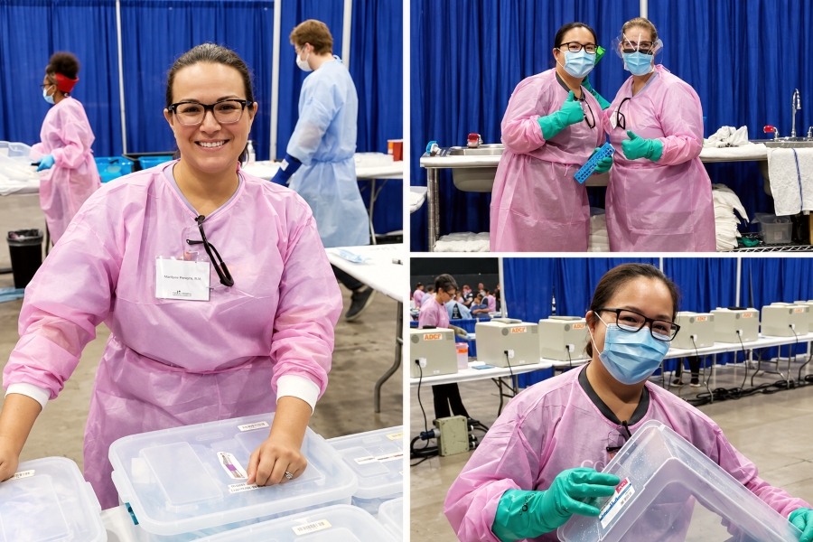 citrus college dental assisting student and faculty volunteers in pink protective gowns working at a cda cares clinic, including two volunteers posing together and one handling a clear equipment bin