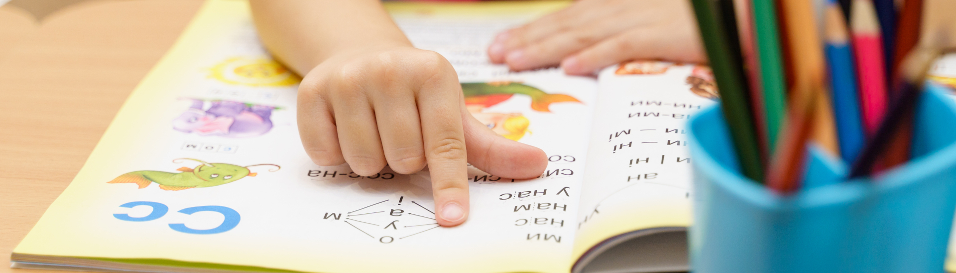 small child pointing to images and text in a workbook