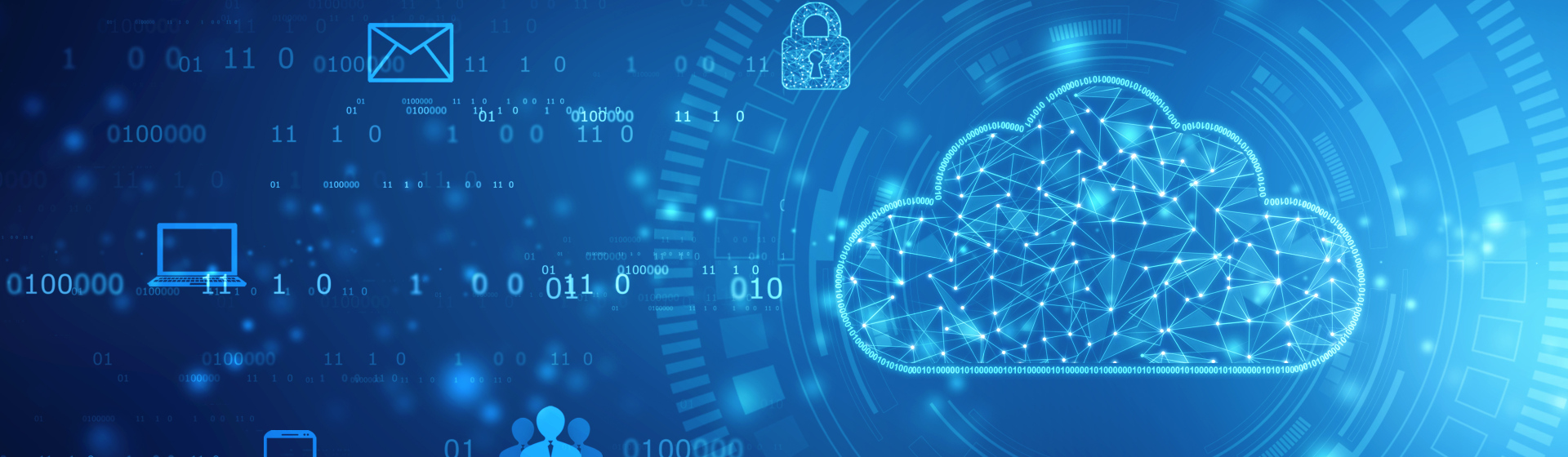 graphic with in shades of blue with outline of a cloud and icon of a padlock, envelope and other items
