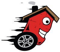 cartoon image of a red clapboard house on wheels in motion