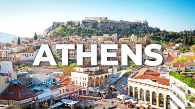 cityscape of athens, greece, with the acropolis and parthenon overlooking the city from a hilltop, and the word "athens" displayed prominently across the center of the image