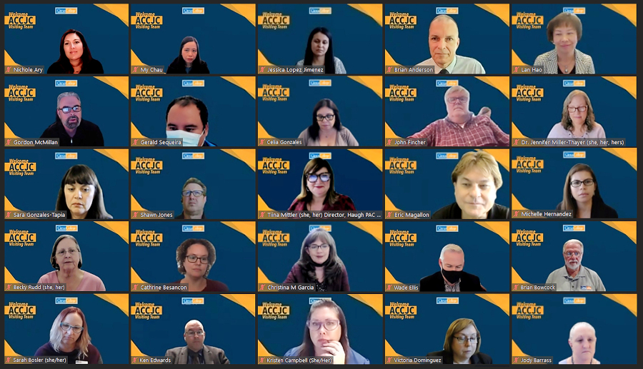 accjc virtual focused site visit participants appear in a zoom gallery with citrus college accreditation welcome backgrounds