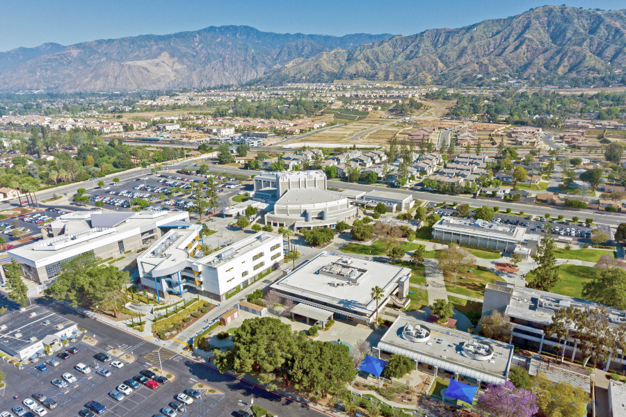 aerial view of the citrus college campus with the san gabriel mountains in the background