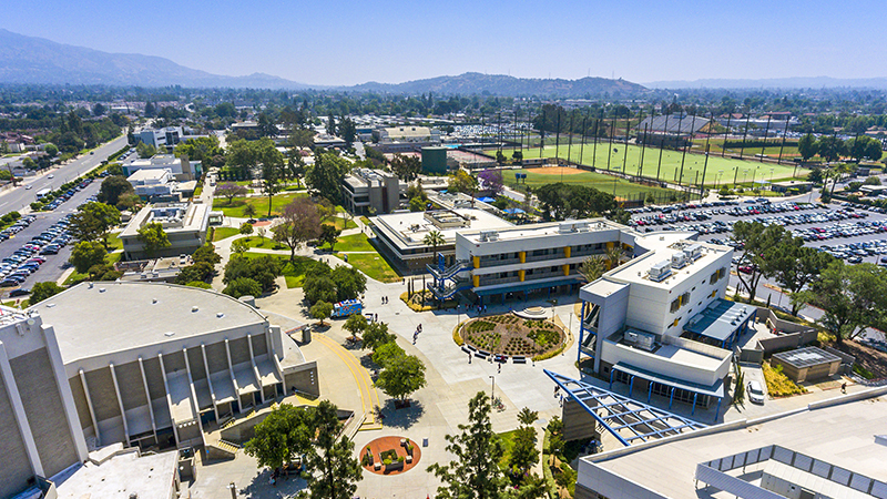An aerial view looking east/southeast of the Citrus College campus in Glendora, California, by photography student Sarah Adams