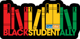 Black Student Ally logo which is a stack of books in red, golden yellow and green