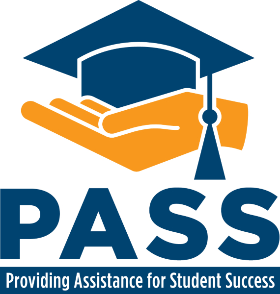 pass providing assistance for student success logo with a hand holding a graduation cap