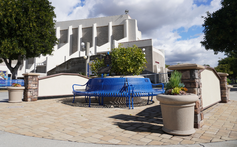 view of the Legacyand Promise Courtyard with Haugh Performing Arts Center in the background