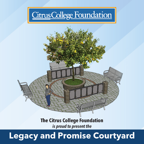 artist rendering of the Legacy and Promise Courtyard graphic showing benches surrounding a planter and two acknowledgment walls