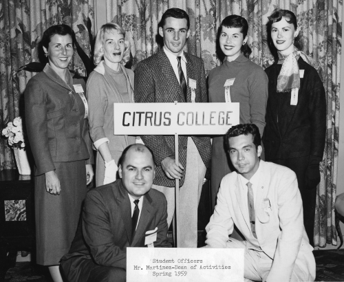 A black and white photo of student officers from 1959. The only individual named in the photo is Mr. Martinez, dean of activities. 