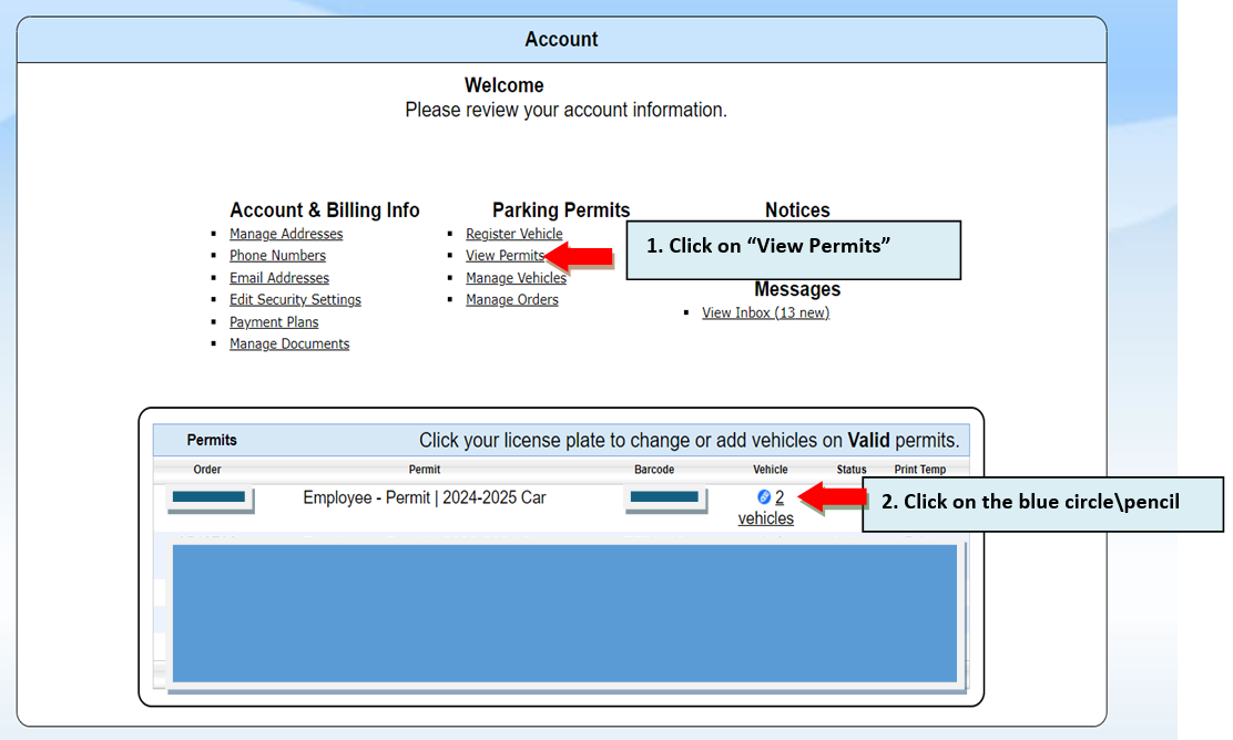 window showing to "click on view permits" and to "click on the blue circle/pencil"