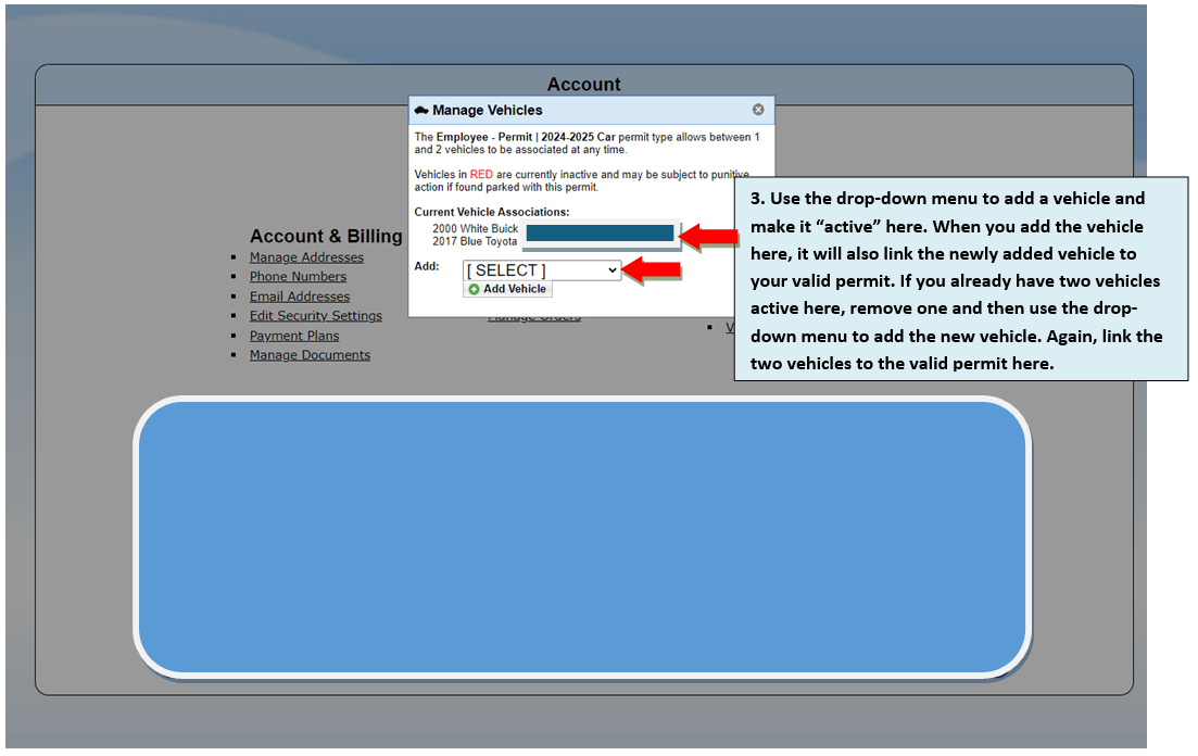 window shows how to add another vehicle and make it active