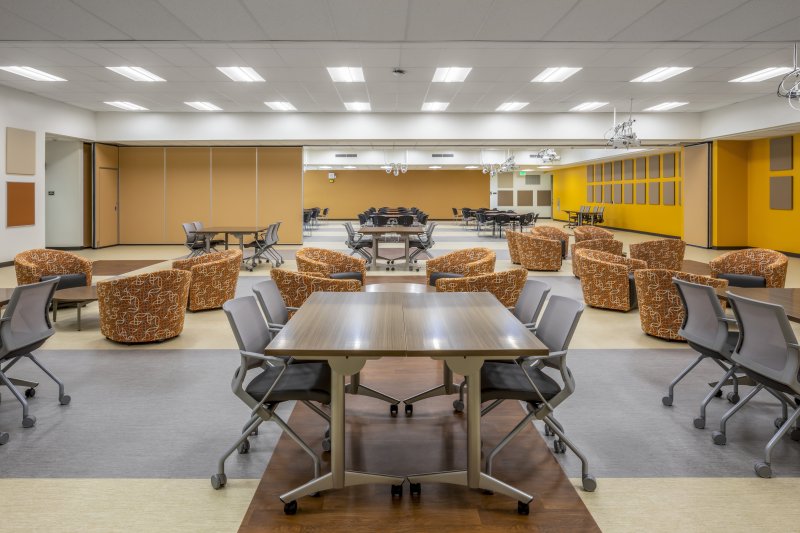 another interior viewpoint of the Campus Center noting that the open space can be divided into two sections