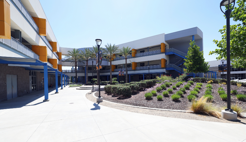 looking into the forecourt of the Visual Arts Building