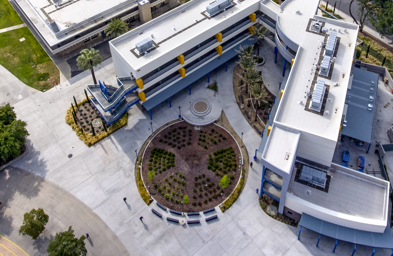 drone shot of the Visual Arts Building and the layout of its forecourt