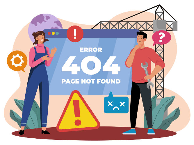 404 error page not found caricature of two people with a yield sign and a large computer monitor