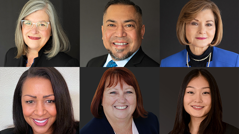 a collage of headshot photos of the five board members and the student trustee