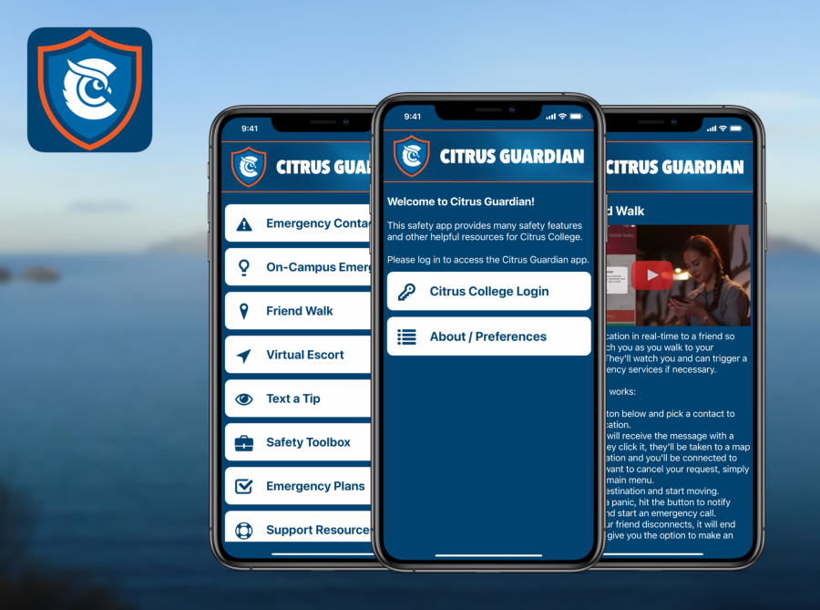 citrus guardian mobile safety app displayed on three smartphones with features such as emergency contacts, friend walk, virtual escort and safety resources, alongside citrus college branded shield logo