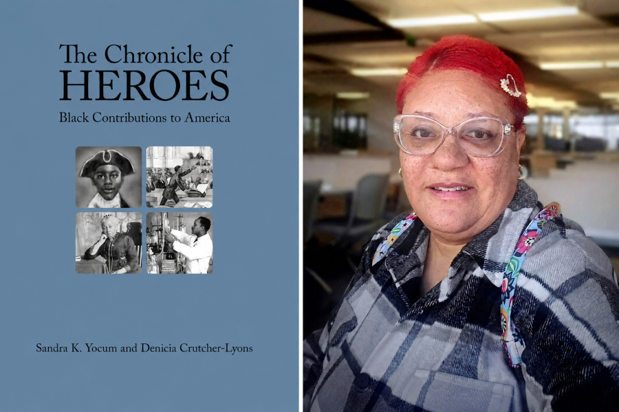 book cover for the chronicle of heroes shown beside a portrait of co-author denicia crutcher-lyons